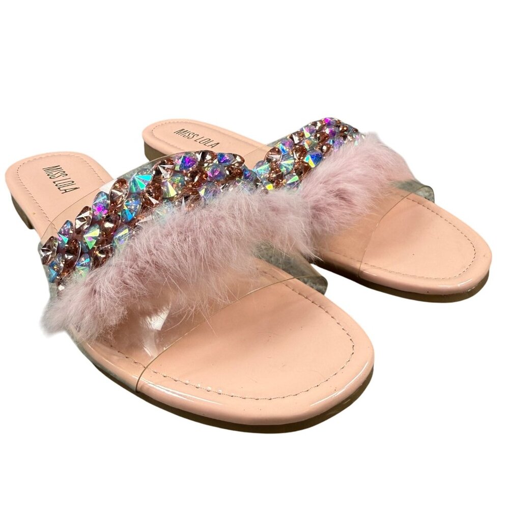 Faux Fur & Rhinestone Embellished Pink Slide Sandals Miss Lola Size 9 Slip On